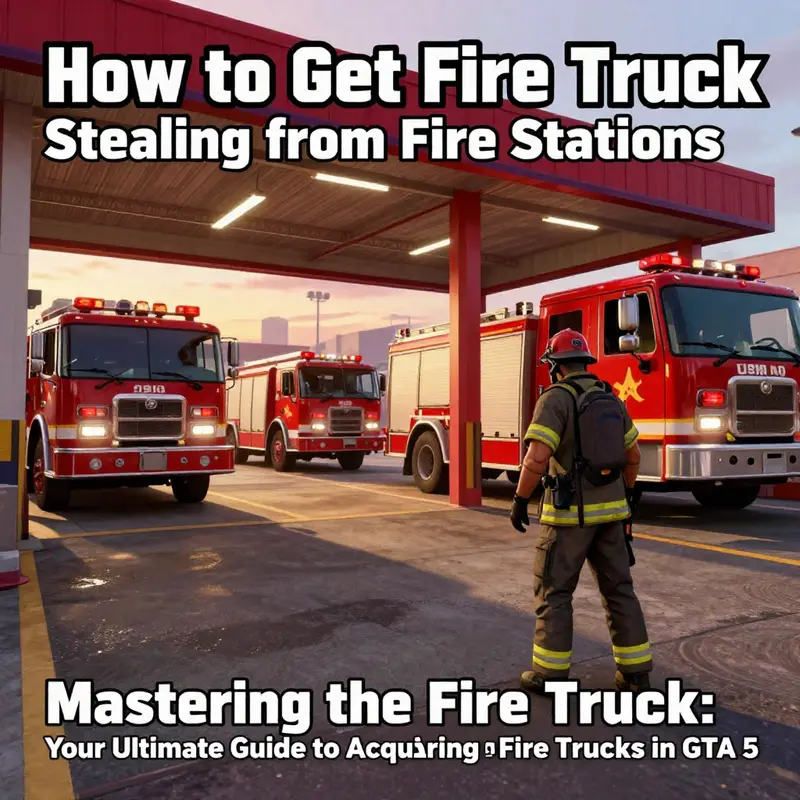 Sneaking into a fire station, a player grabs a fire truck against the backdrop of a setting sun.