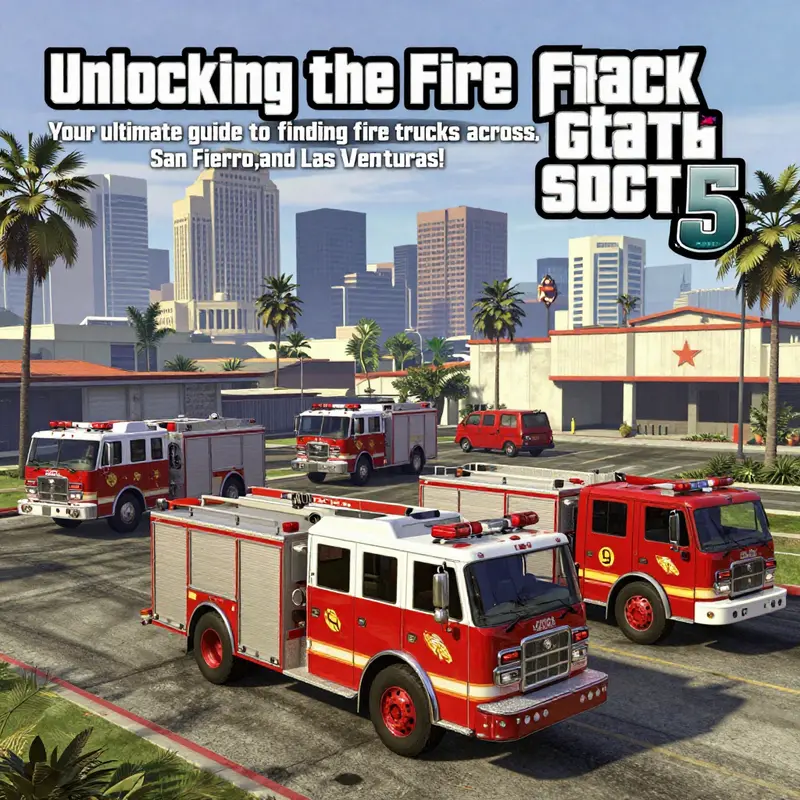A collage of fire trucks from GTA 5 in action, set against the vibrant skyline of Los Santos.