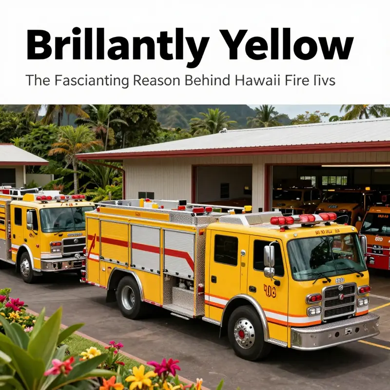 Multiple yellow fire trucks at a fire station in Hawaii, surrounded by lush plants, representing preparedness and safety in emergencies.