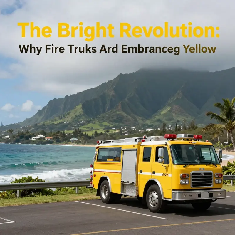 A lime-yellow fire truck showcases enhanced visibility as it responds to an emergency in an urban setting.