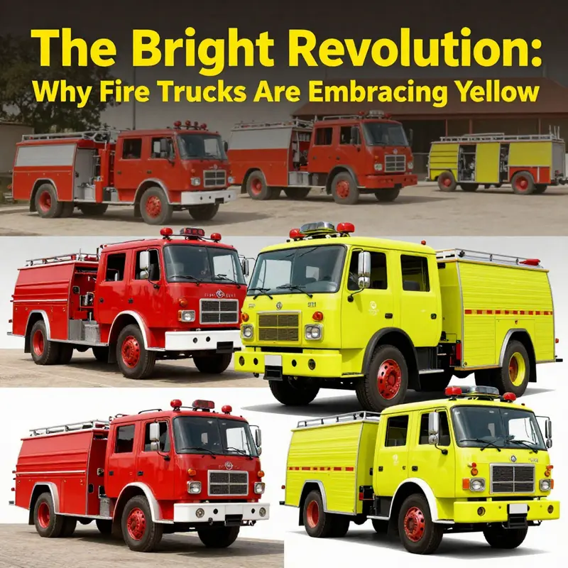A lime-yellow fire truck showcases enhanced visibility as it responds to an emergency in an urban setting.