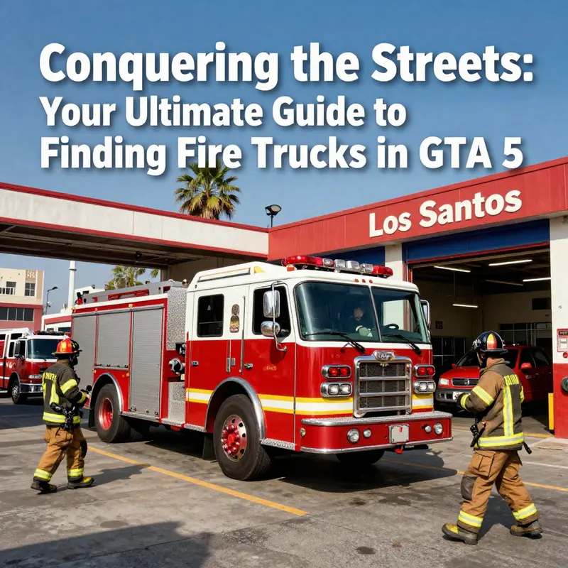 Fire Station in Los Santos showcasing a fire truck and firefighters ready for duty.
