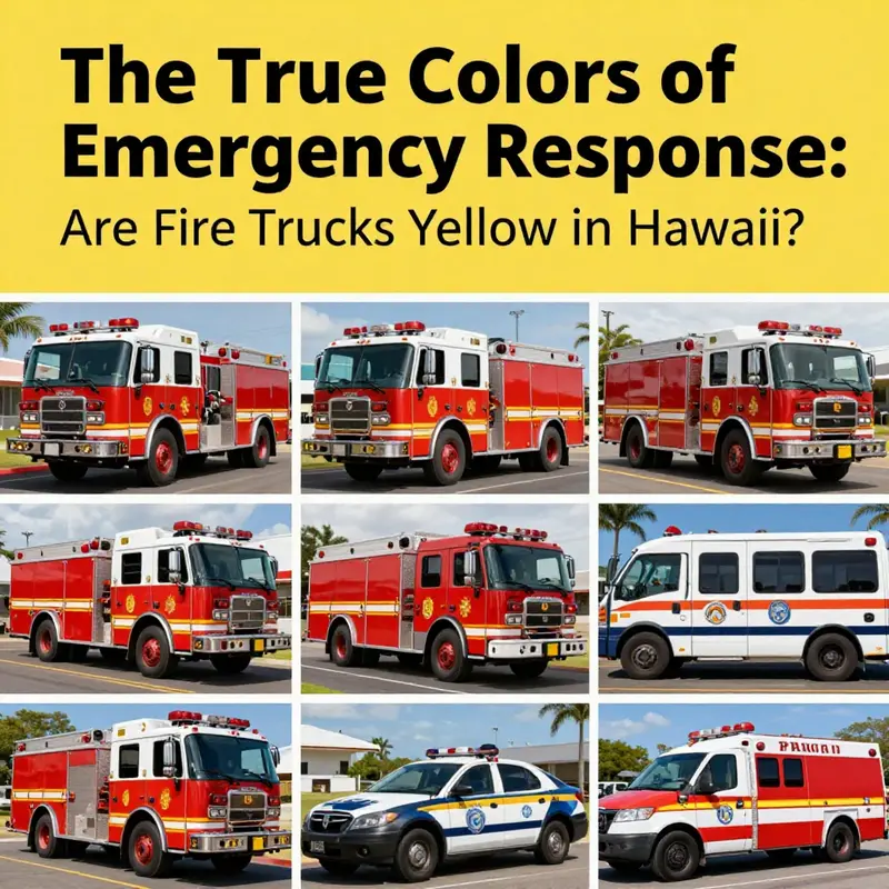 A collection of fire trucks showcasing diverse colors at a Hawaiian fire station, illustrating color standardization in emergency services.