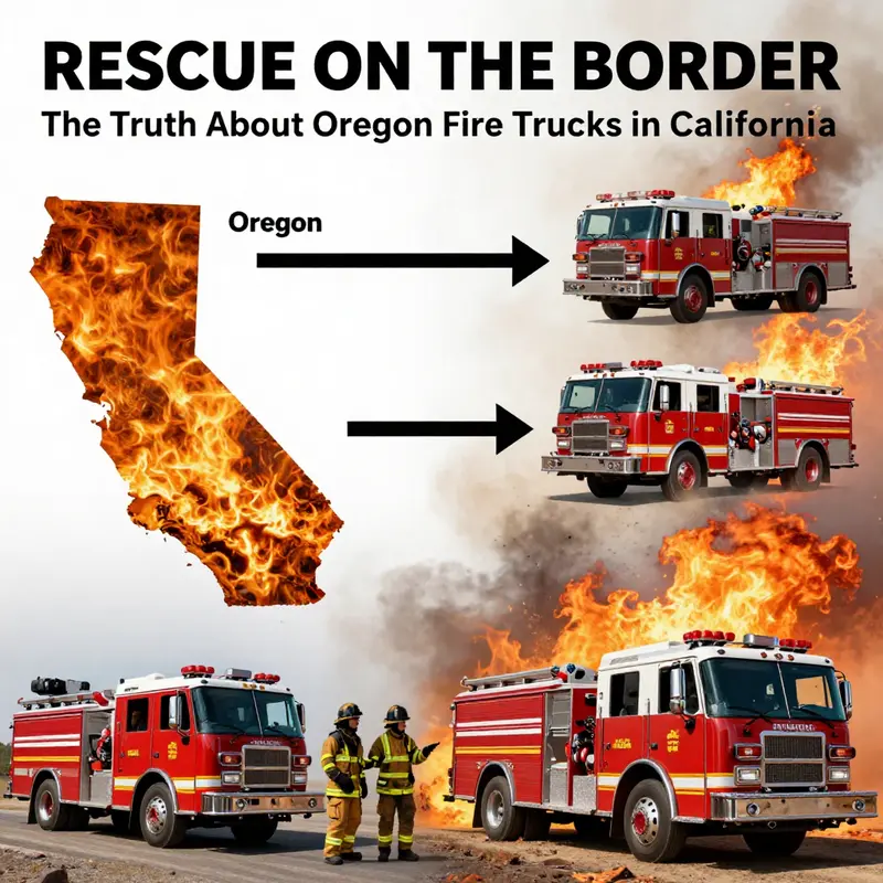 Oregon fire trucks at the California border ready for deployment in wildfire efforts.