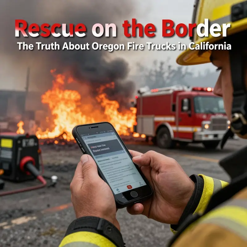 Oregon fire trucks at the California border ready for deployment in wildfire efforts.