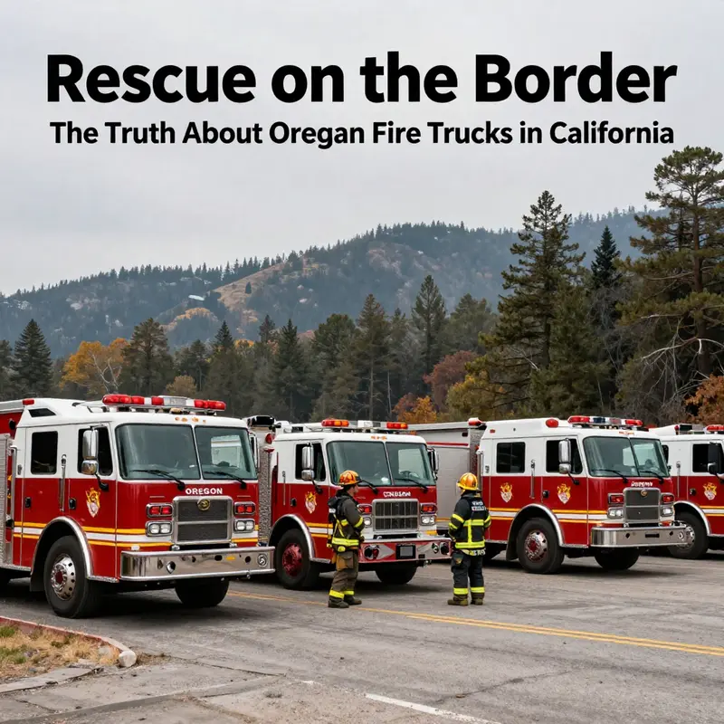 Oregon fire trucks at the California border ready for deployment in wildfire efforts.