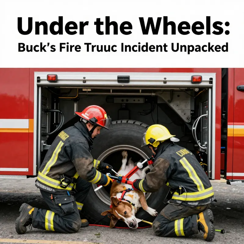 Buck lying beneath the fire truck while responders initiate the rescue.