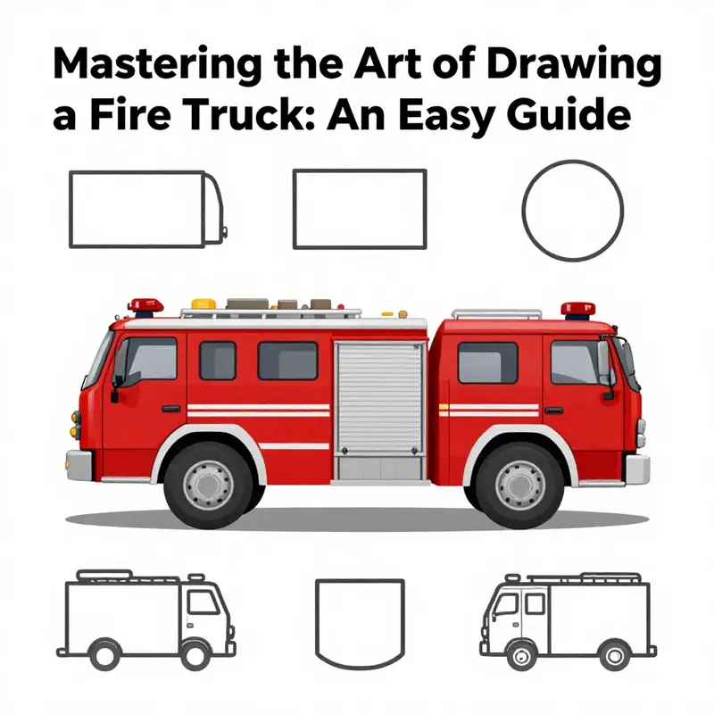 Follow these easy steps to draw a fire truck, from simple shapes to detailed features.