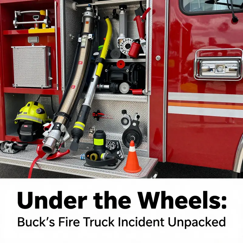 Buck lying beneath the fire truck while responders initiate the rescue.