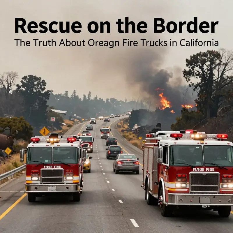 Oregon fire trucks at the California border ready for deployment in wildfire efforts.