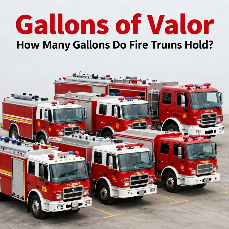 A diverse lineup of fire trucks illustrating the range of water capacities across different types.