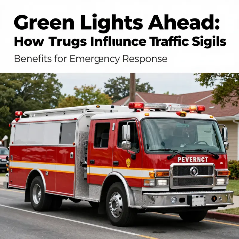 A fire truck signals an intersection where the traffic light is changing to green, demonstrating the technology in action.