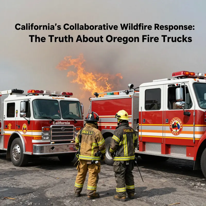 Firefighters from California and Oregon collaborate at a wildfire site, illustrating the mutual aid efforts of 2023.