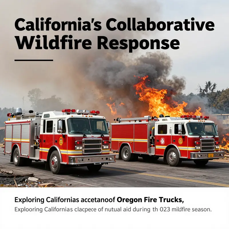 A wildfire in California with fire trucks from Oregon and California visible, showcasing cooperative firefighting efforts.