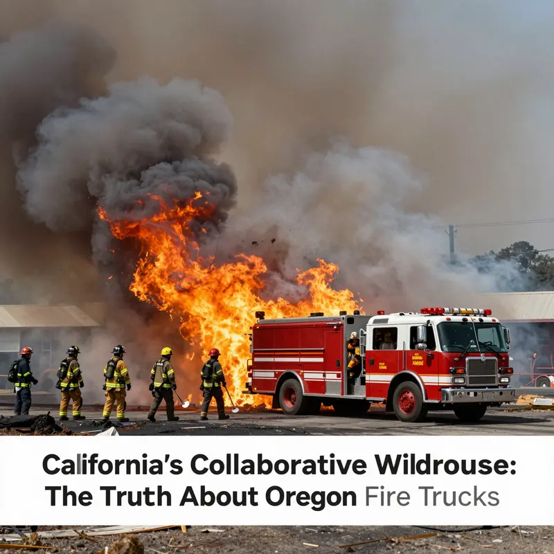Firefighters from California and Oregon collaborate at a wildfire site, illustrating the mutual aid efforts of 2023.