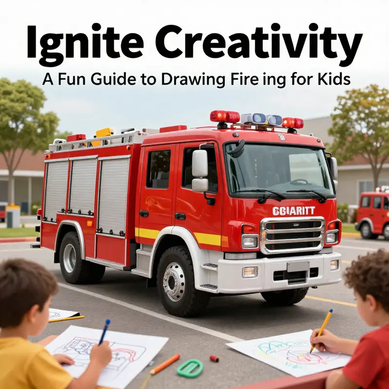 A lively depiction of a fire truck with children drawing, symbolizing creativity and engagement in arts.