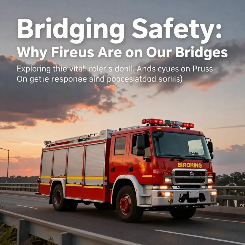 Fire truck on a bridge during sunset, symbolizing safety and readiness for emergencies.