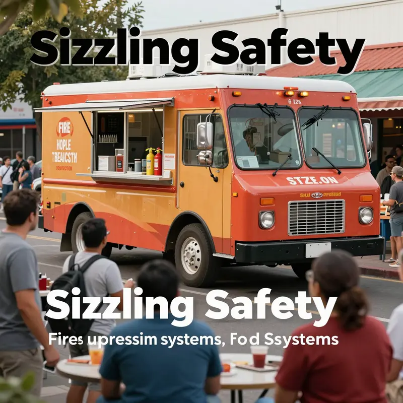 A food truck surrounded by customers, emphasizing the integration of fire safety in mobile food service.
