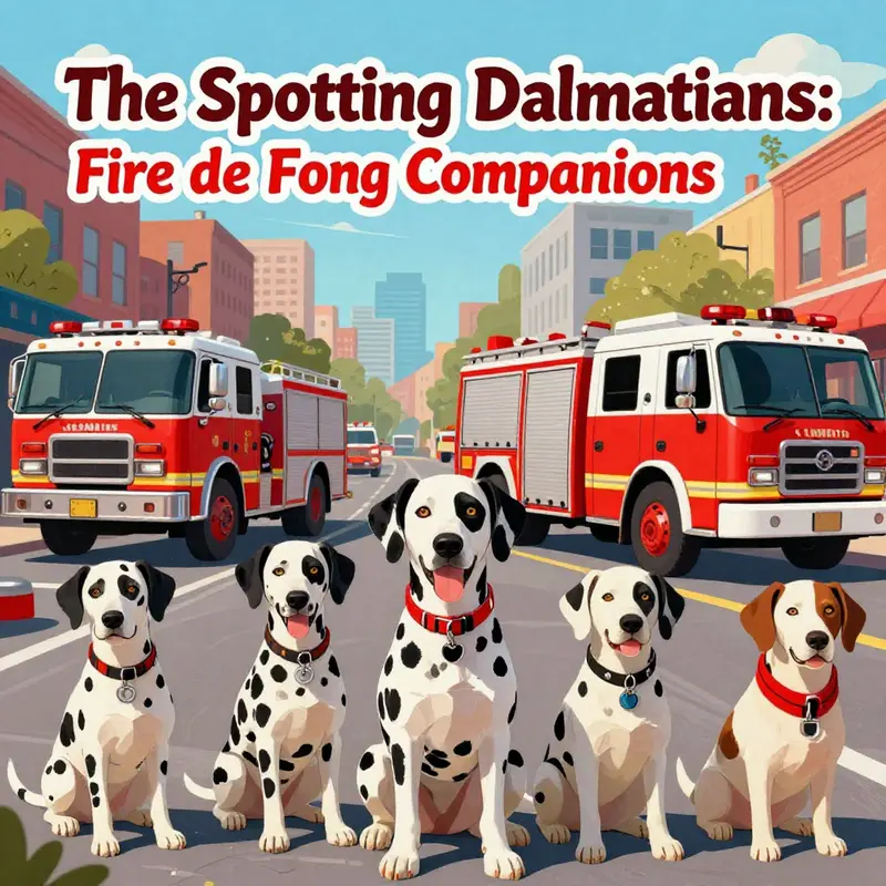 Dalmatians running alongside horse-drawn fire engines, exemplifying their role in firefighting.