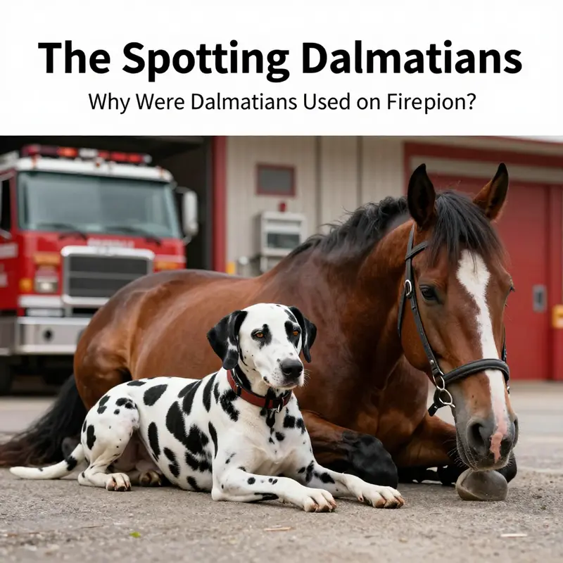 Dalmatians running alongside horse-drawn fire engines, exemplifying their role in firefighting.
