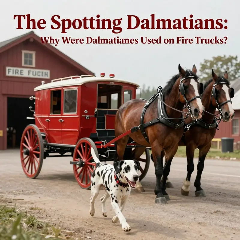 Dalmatians running alongside horse-drawn fire engines, exemplifying their role in firefighting.