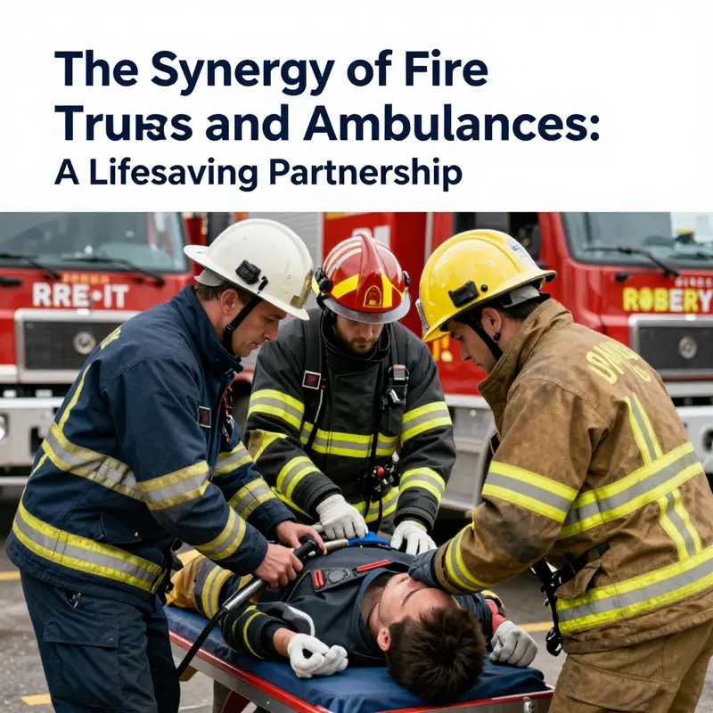 Firefighters and paramedics collaborate seamlessly during a transfer to emphasize the integration of fire trucks and ambulances.