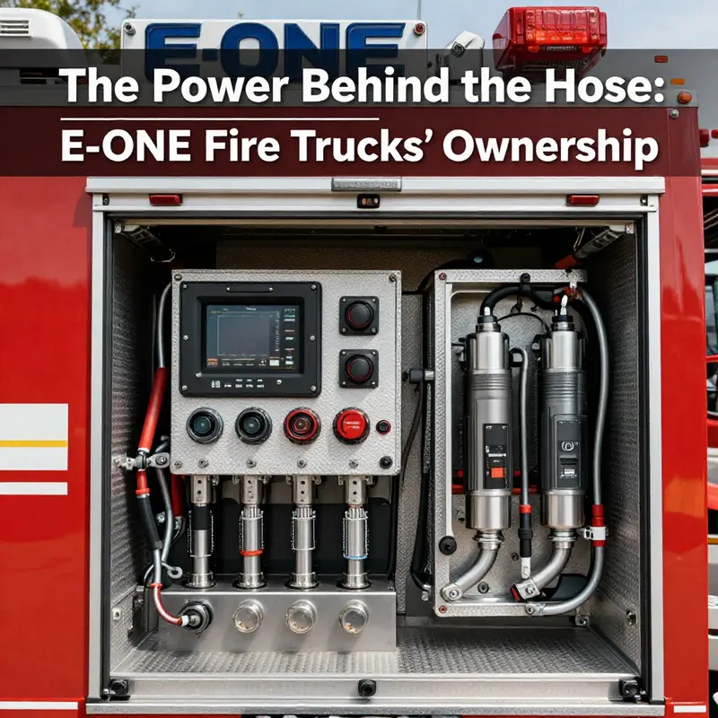 E-ONE fire trucks parked at a REV Group facility, signifying the strong ownership link.