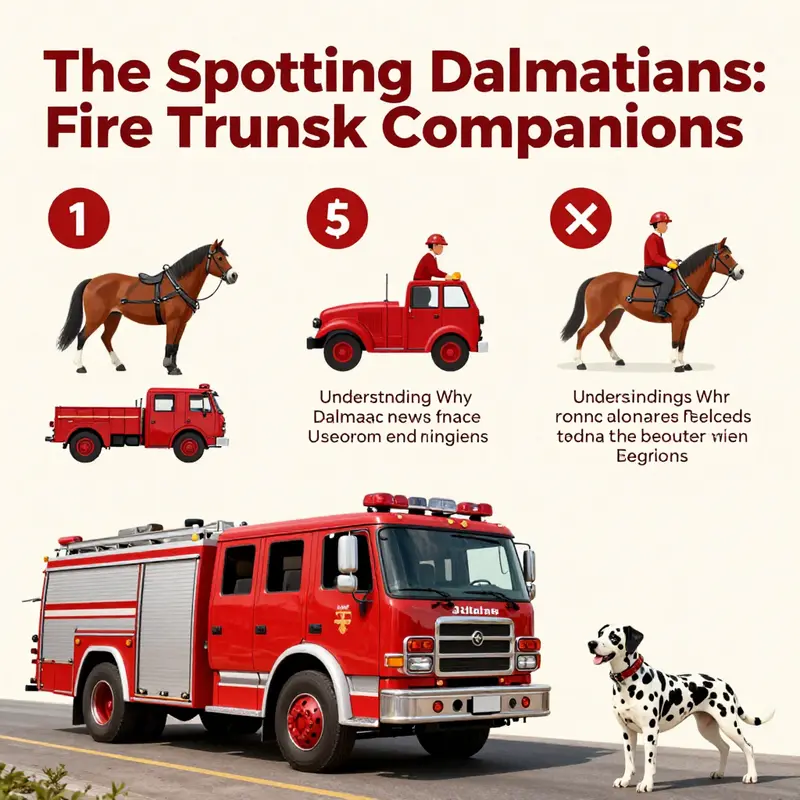 Dalmatians running alongside horse-drawn fire engines, exemplifying their role in firefighting.