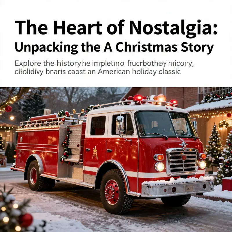 The A Christmas Story fire truck displayed amidst festive decorations, enveloped in a cozy holiday ambiance.