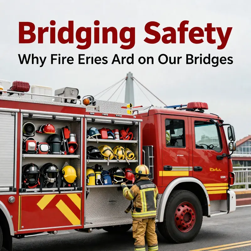 Fire truck ready for response on a bridge, ensuring safety and quick access during emergencies.