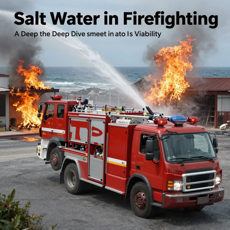 Fire truck spraying water on a fire with a coastal background.