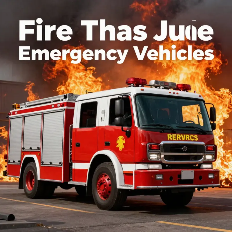 Fire truck responding to an emergency, with bright colors and flames in the background, showcasing its purpose.