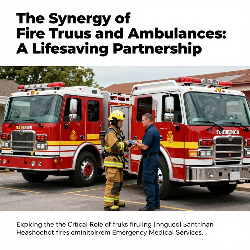 Fire truck and ambulance parked together with emergency personnel discussing, representing teamwork in emergency response.