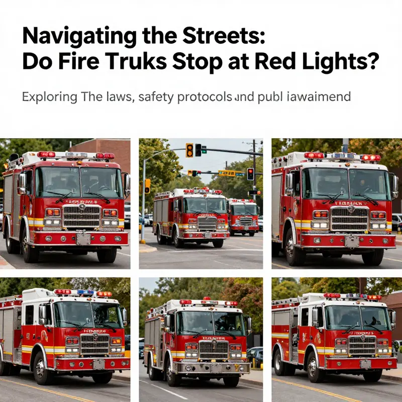 A collage depicting fire trucks in action during various emergencies, showcasing their importance and connection to traffic laws.