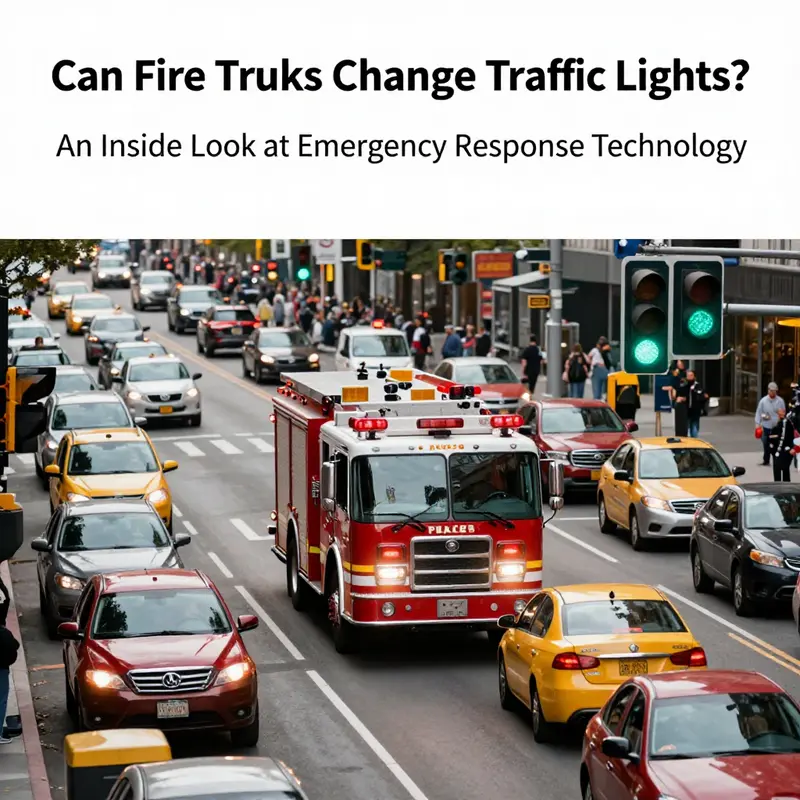 Fire truck responding to an emergency with changing traffic lights, showcasing its role in efficient urban navigation.