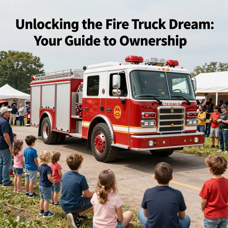 A vibrant scene of a fire truck at a community festival with families and enthusiasts interacting around it.