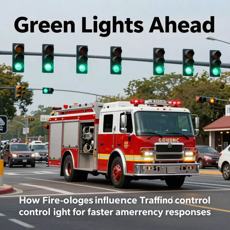 A fire truck driving through a bustling intersection where all traffic lights are green, indicating successful Emergency Vehicle Preemption.