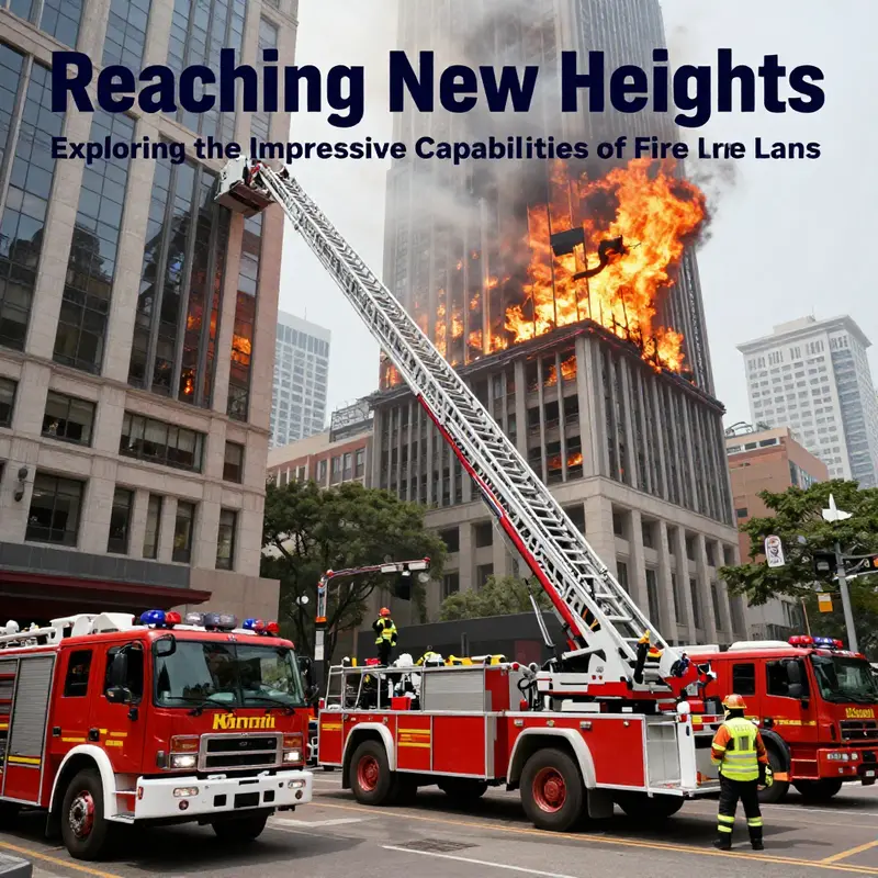 Image depicting a busy firefighting scene with fire trucks and ladders extended towards a building engulfed in flames.