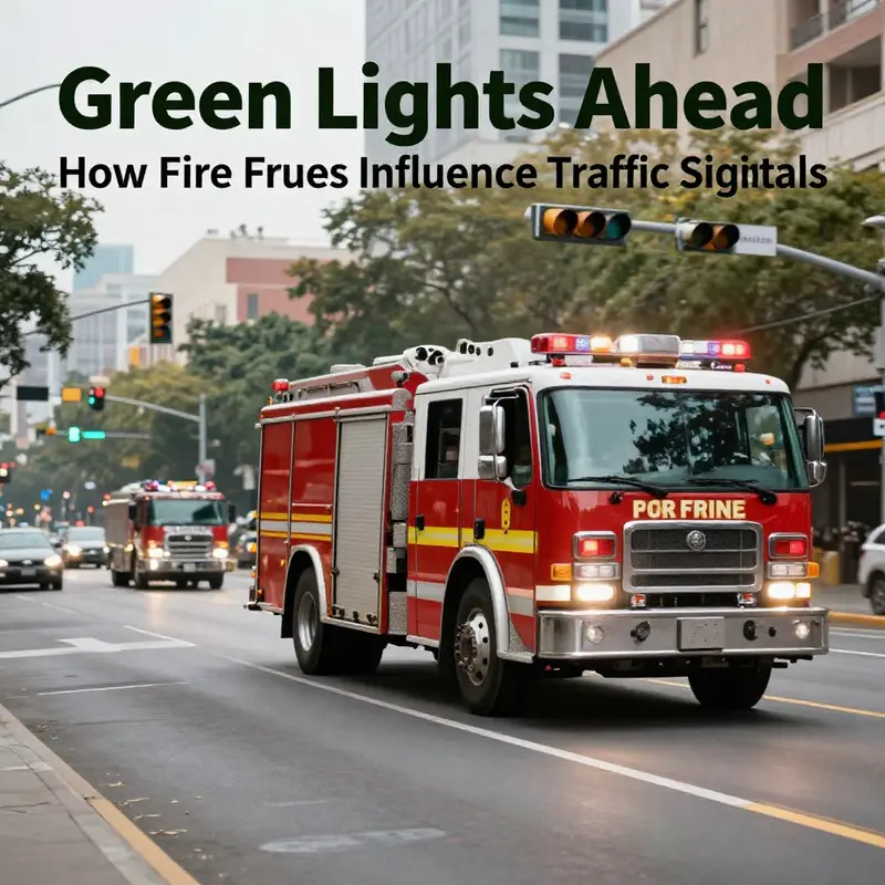 A fire truck speeding through a city street with traffic lights changing to green, symbolizing emergency response and traffic signal interaction.