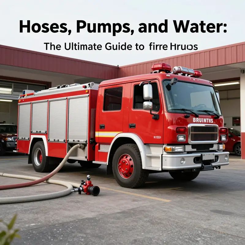 Red fire truck stationed at a fire station, showcasing its water carrying capabilities with hoses attached.