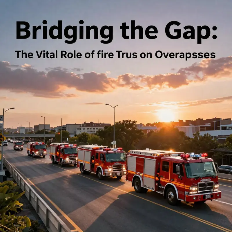 Multiple fire trucks on an overpass at sunset, ready for emergency response, highlighting teamwork and readiness.