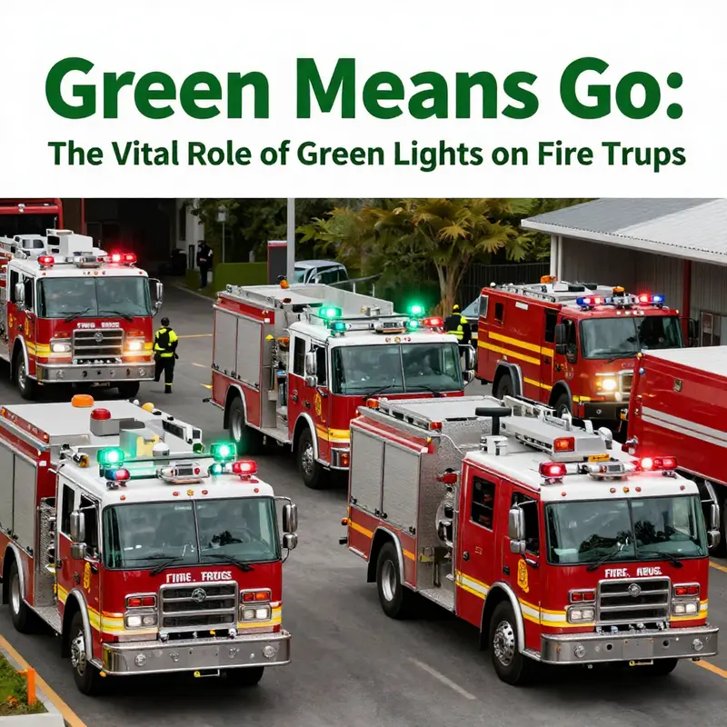 Fire truck equipped with green lights guiding internal communication among firefighters during a nighttime emergency.