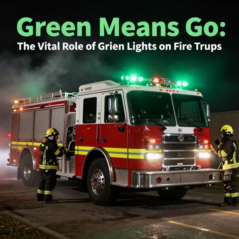 Fire truck equipped with green lights guiding internal communication among firefighters during a nighttime emergency.
