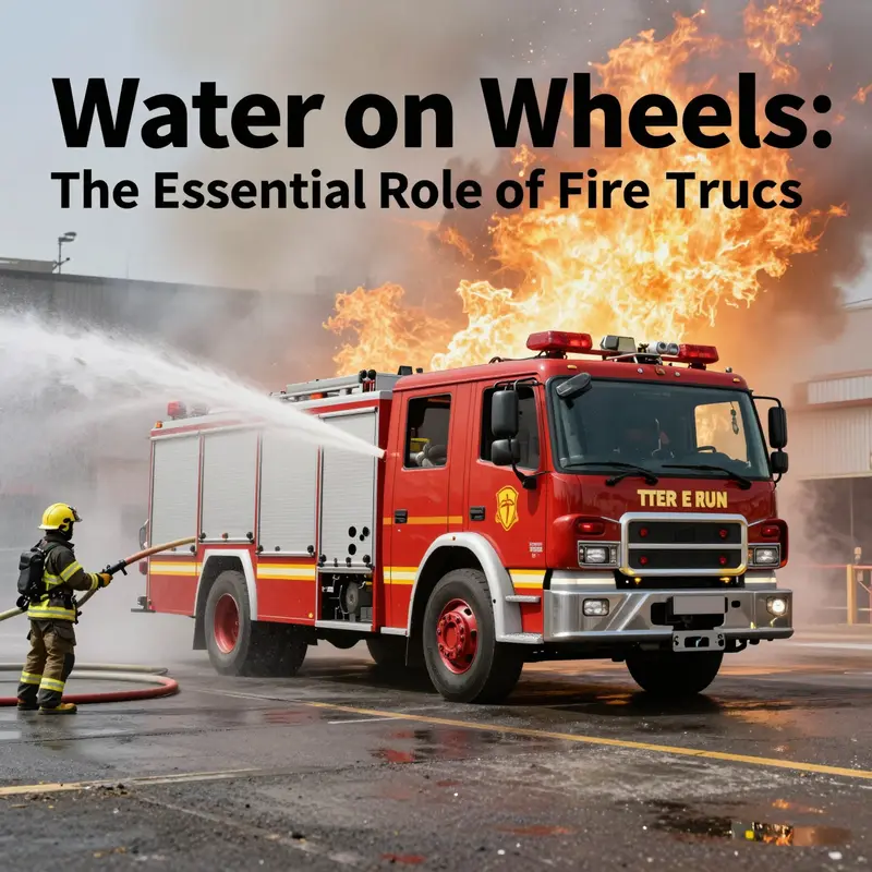 Fire truck rushing to an emergency scene, water flowing from hoses as firefighters prepare to combat the fire.