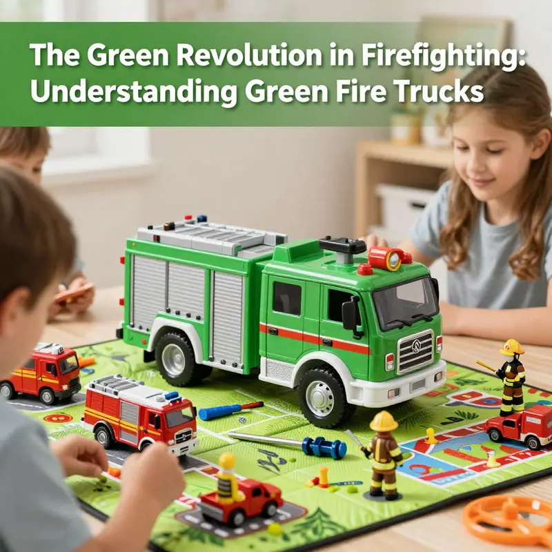 A modern green fire truck emphasizing its unique design and essential firefighting equipment.