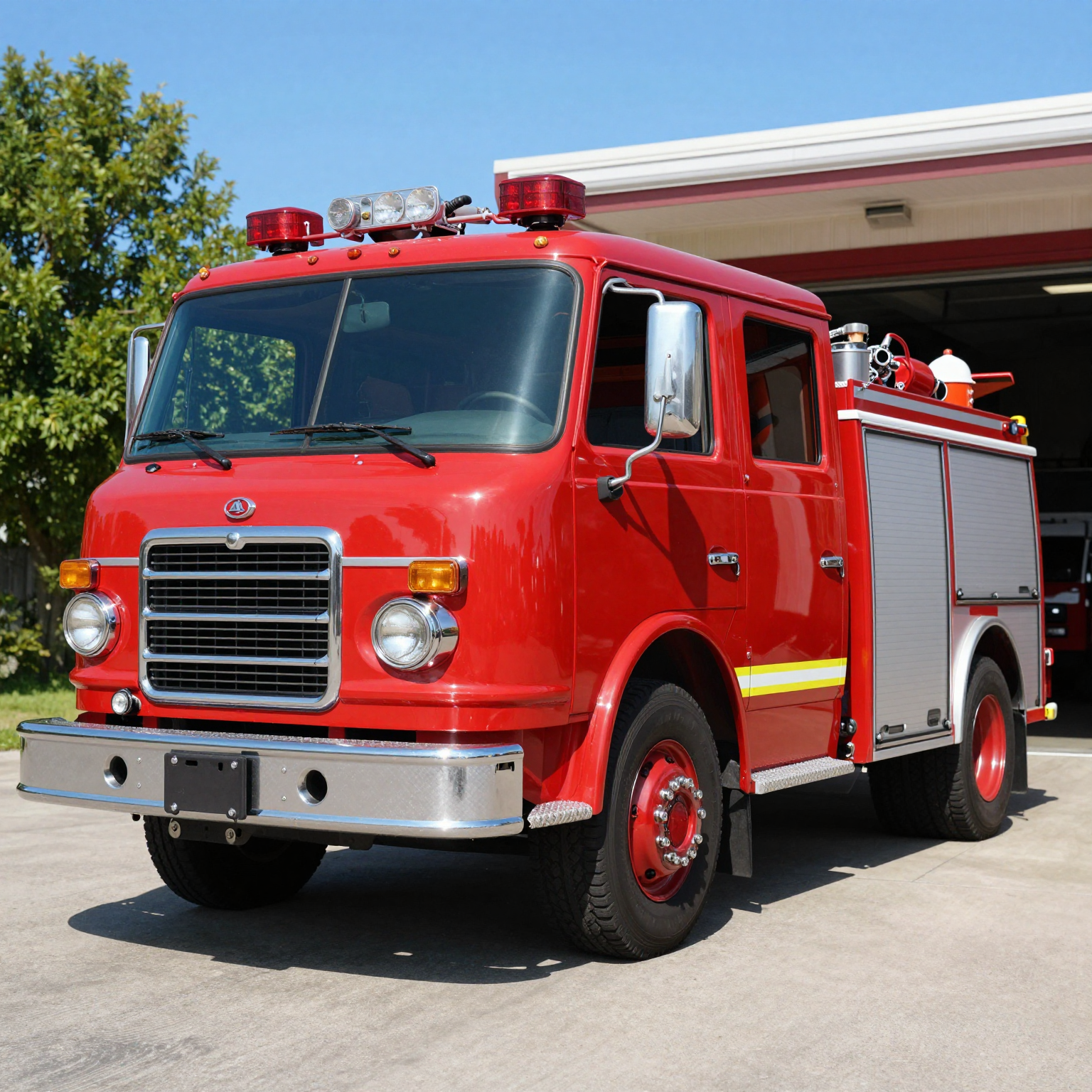 Vibrant classic fire truck parked in front of a fire station