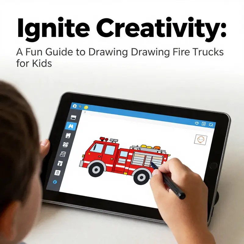 Step-by-step illustration guiding kids in drawing a fire truck.