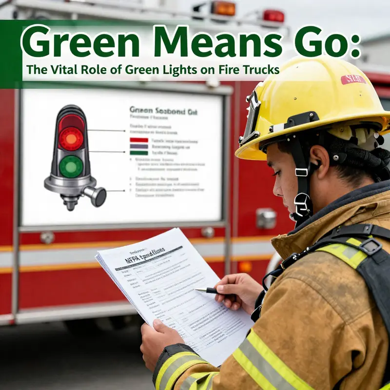 Fire truck equipped with green lights guiding internal communication among firefighters during a nighttime emergency.