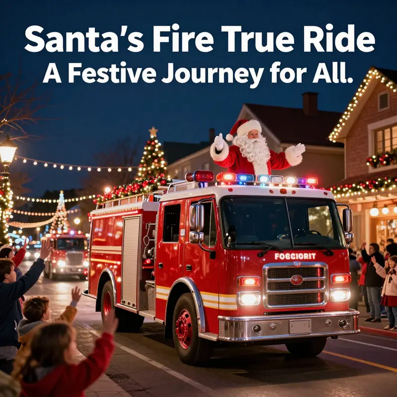 Santa on a fire truck driving through a cheerful street filled with holiday decorations and excited children.