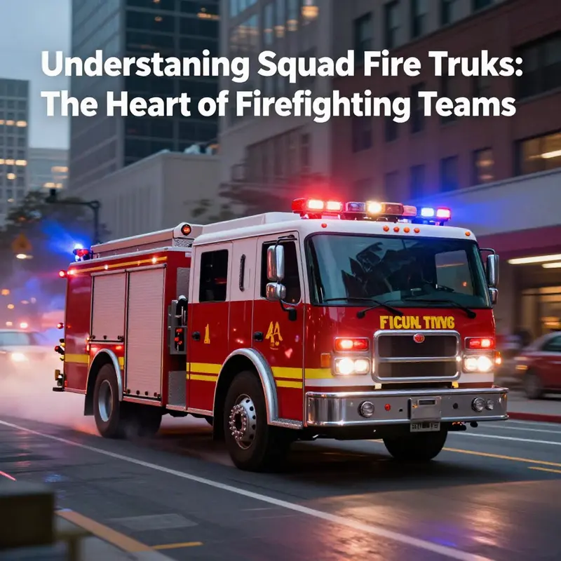 A squad fire truck in motion, lights on, responding to an emergency call in a city environment.